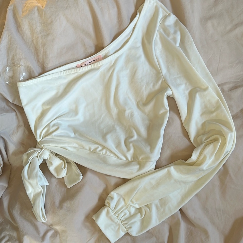 Blue blush - white one shoulder long sleeve tie crop top size SMALL